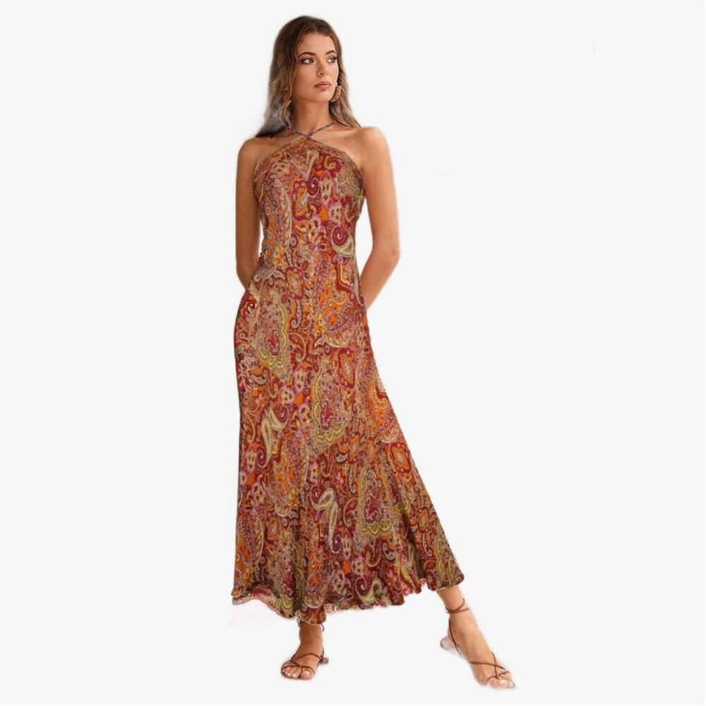TALBOTS Silk Paisley Halter Maxi Red Orange Yellow Sz 14